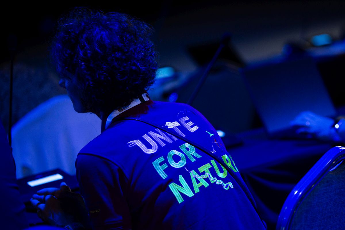 Participant in IUCN Members Assembly with "Unite for Nature" on their shirt